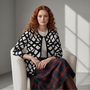 Anne Klein Black White Geometric Pattern Cardigan Jacket Size S